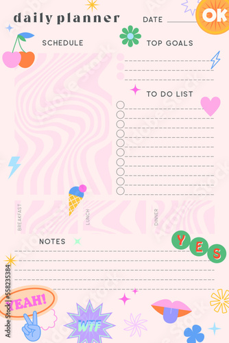 Vector daily planner template with funny y2k patches,icons and emblems.Organizer and schedule with place for goals,to do list,notes.Trendy 90s groovy aesthetic.Abstract modern design.