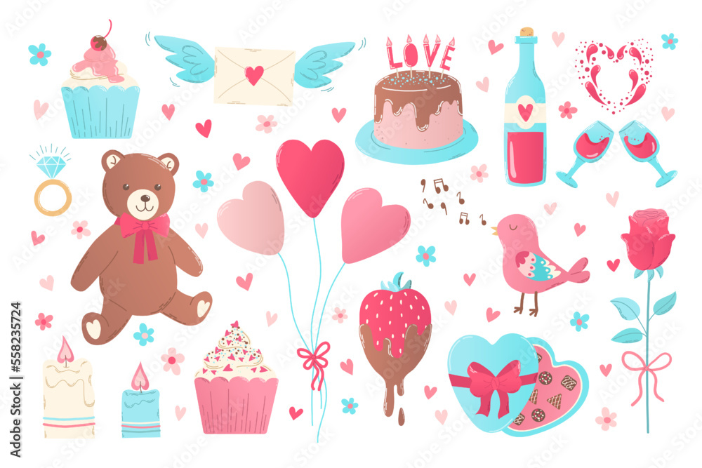 Set cartoon romantic love valentines day elements, stickers in flat hand drawn style. Bear, diamond ring, envelope with wings, chocolate, wine