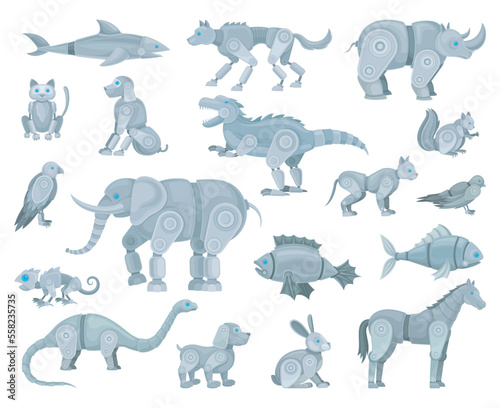 Mechanical metal animals collection. Steel robotic elephant, horse, fish, dinosaur, cat, dog, bunny cartoon vector illustration