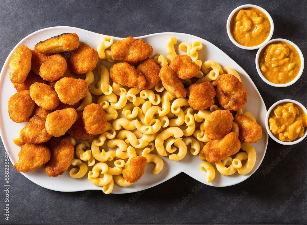 fried chicken nuggets with mac and cheese, cheese and tomato sauce. fried chicken nuggets with mac and cheese, cheese and tomato sauce.
