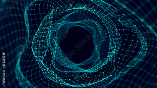Abstract futuristic tunnel. Dynamic wireframe funnel. Fantazy fractal with lines and dots. Deep wormhole with particle flow. 3D rendering.