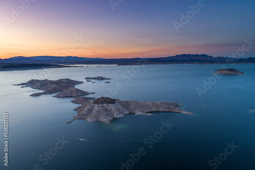 Lake Mead in Nevada. Big Boulder and Little Boulder Islands, Rock Island in Background. Colorado River in Background. USA