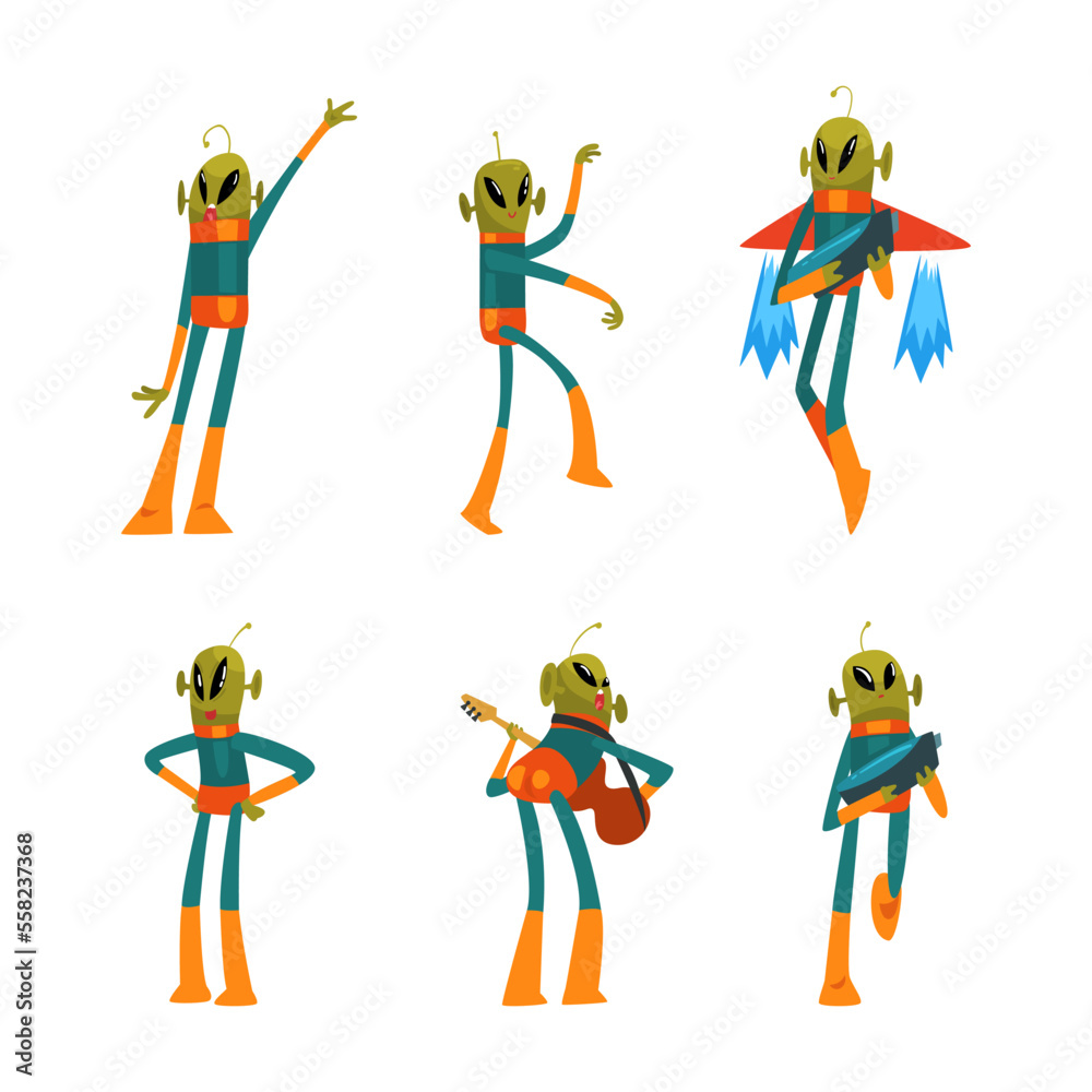 Cute green aliens in space suits set. Humanoid alien funny characters cartoon vector illustration