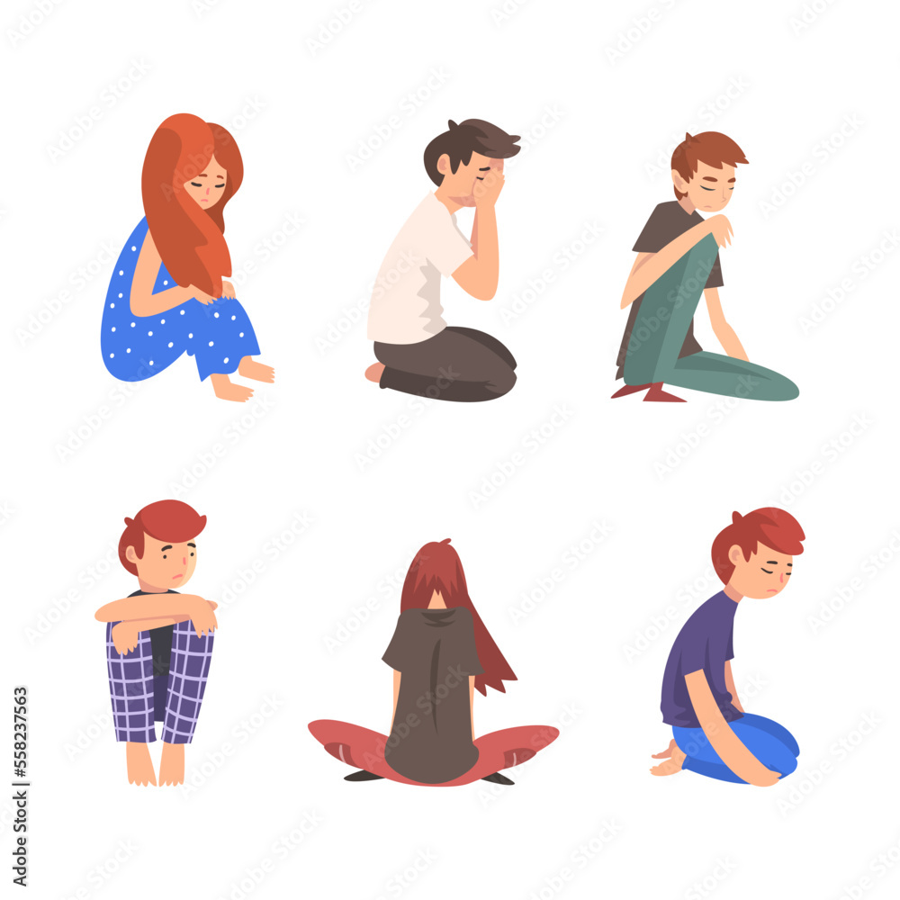 Depressed teenagers set. Unhappy stressed teenage boys and girls ...