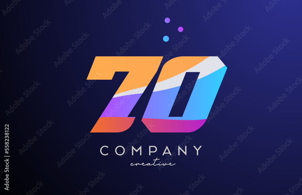 colored number 70 logo icon with dots. Yellow blue pink template design for a company and busines