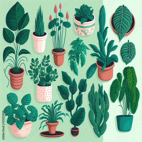 Sorted plants pattern mixed-media vintage illustration made with Generative AI
