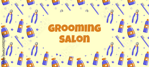 pattern for a grooming salon with an inscription in the center Grooming. Blue colors. Vector illustration