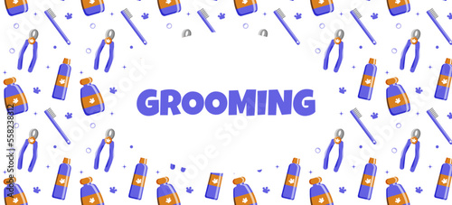 pattern for a grooming salon with an inscription in the center Grooming. Blue colors. Vector illustration