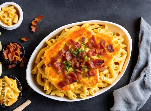 mac and cheese with bacon and vegetables on a black background