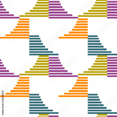 Seamless abstract geometric pattern. Simple background on green, white, orange, purple colors. Illustration. Lines, stairs. Designed for textile fabrics, wrapping paper, background, wallpaper, cover.