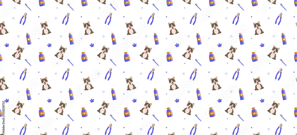Seamless pattern with tools and supplies. Colorful background for grooming salon and pet shop, t-shirt, apparel print, web page, surface texture and fabrics. Paw, bone, scissors, bowl, nose, dog. 