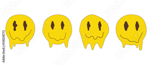 Set of psychedelic quirky cartoon face. Melted smile faces in trippy acid rave style. Design for stickers, sweatshirts, t-shirts. Vector illustration