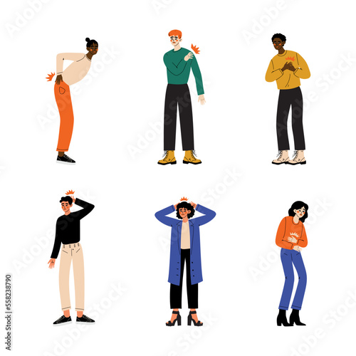 People feeling pain in different parts of their bodies set. Men and women suffering from pain in back, shoulder, heart, head, stomach cartoon vector illustration