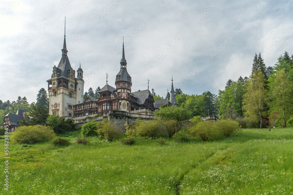 View of gardens and vegetation of the Peles castle in Romania