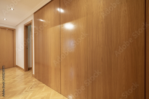 Corridor of a house with a wall covered with built-in wardrobes without handles made of varnished oak wood