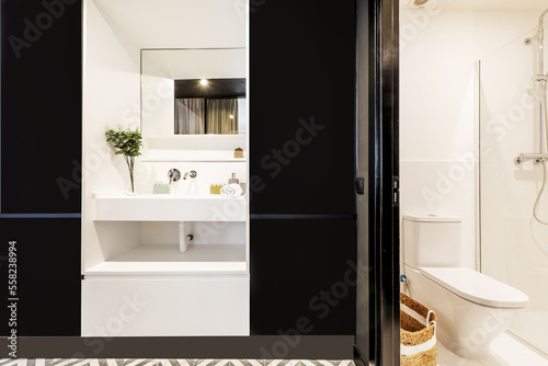 Bathroom with sink separated from the toilet cubicle and shower with screen