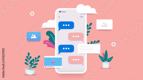 Phone communication - Smartphone with text messages, video and images sending back and forth. Flat design vector illustration