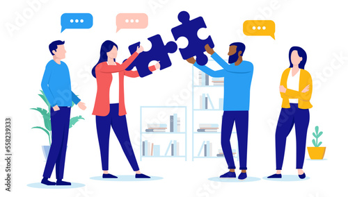 Team solving problem - People in office with jigsaw puzzle pieces connecting and finding solutions for company and business. Flat design vector illustration with white background photo