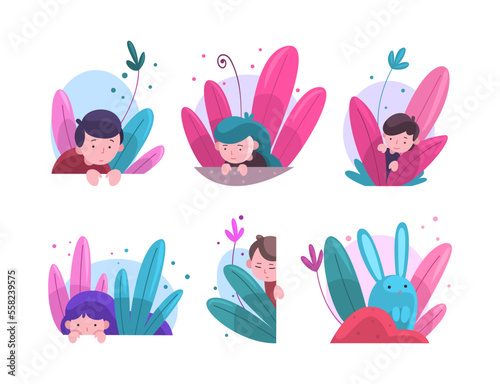 Cute kids and rabbit peeking out from bushes set. Lovely kids hiding in dense grass cartoon vector illustration