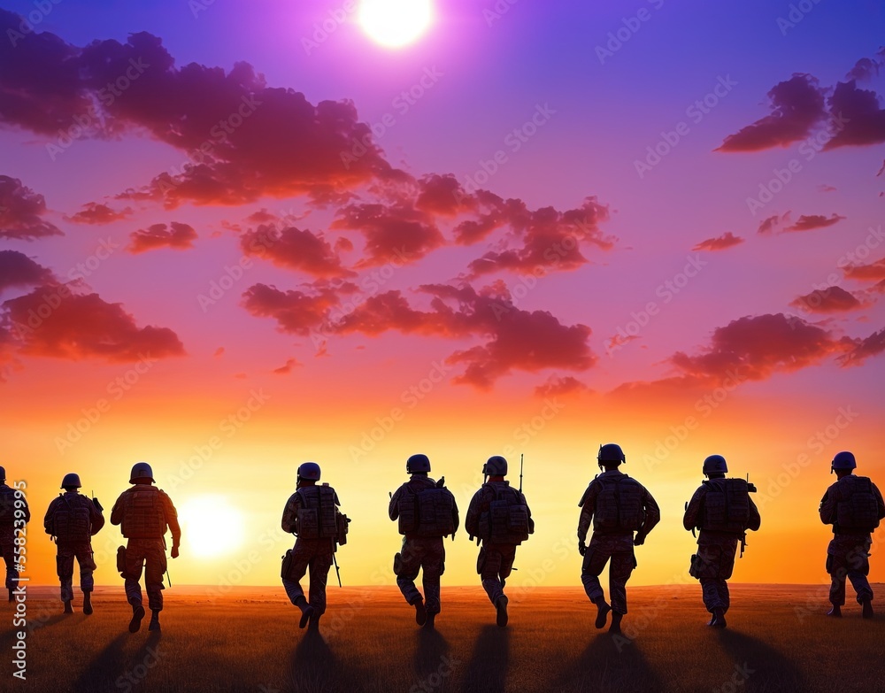 silhouette of a soldier with a gun on the background of the sunset silhouette of a soldier with a gun on the background of the sunset