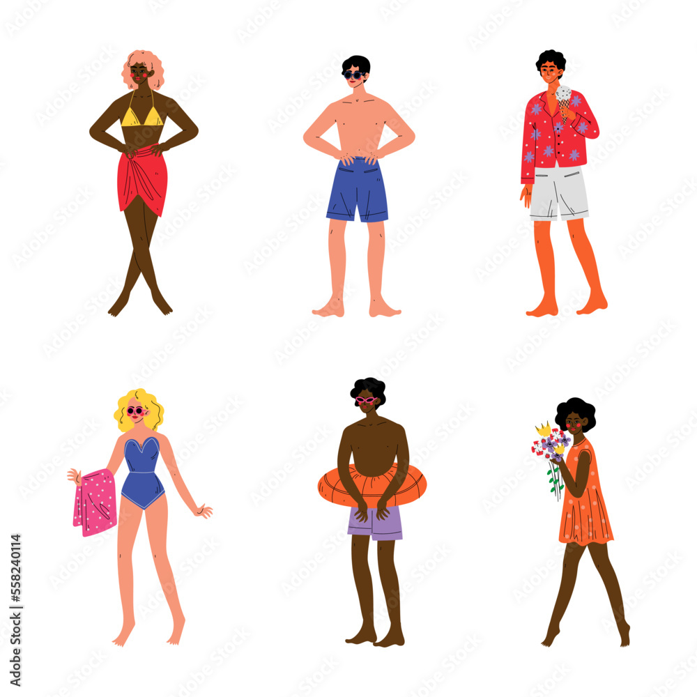 People performing summer leisure outdoor activities at beach set cartoon vector illustration People performing summer leisure outdoor activities at beach set cartoon vector illustration