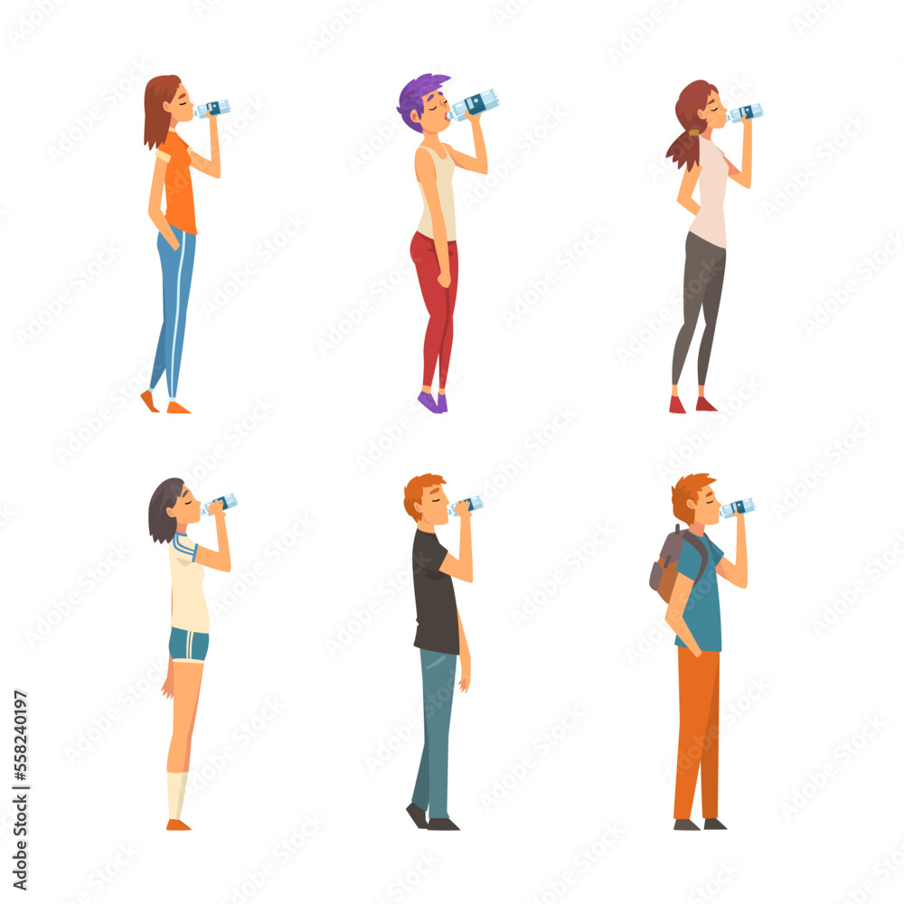 Men and women drinking water from plastic bottles set cartoon vector illustration Men and women drinking water from plastic bottles set cartoon vector illustration