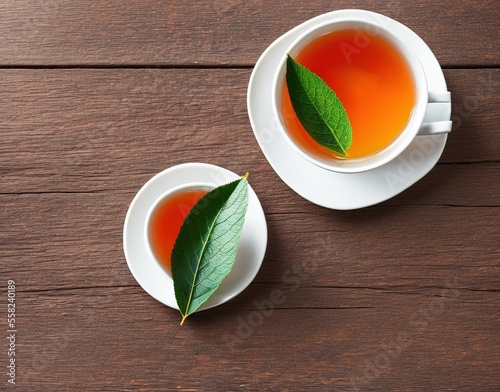 cup of tea with green leaves on wooden background