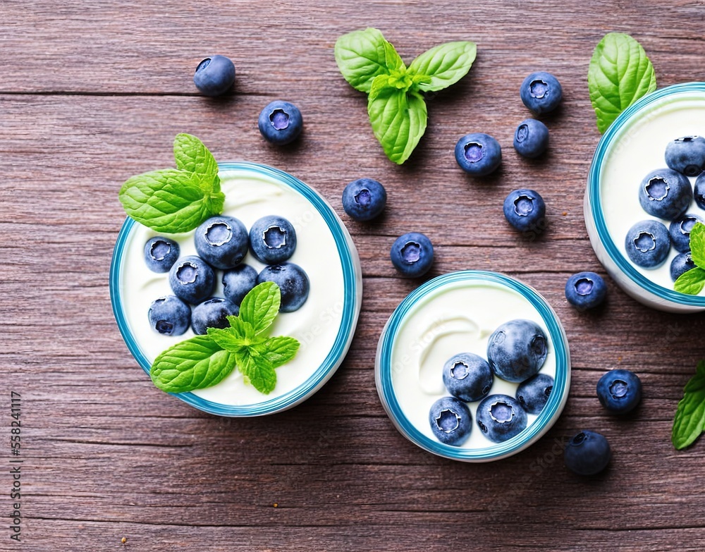 yogurt with fresh blueberries and mint on a blue background. top view. yogurt with fresh blueberries and mint on a blue background. top view.