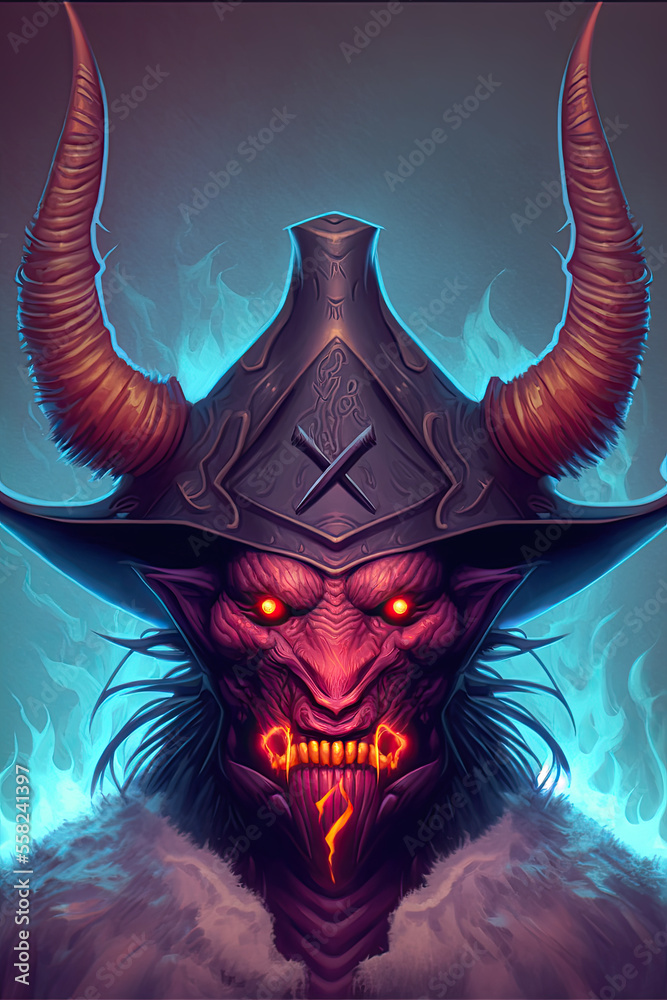 Demonic evil red faced fallen angel game character with coat and horns