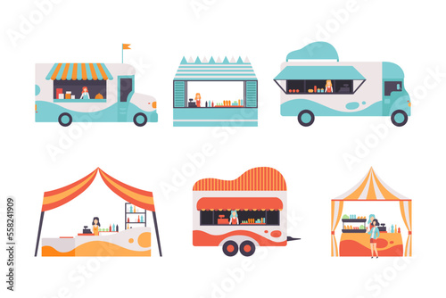 Food truck, outdoor stalls for summer street fair or street food festival cartoon vector illustration