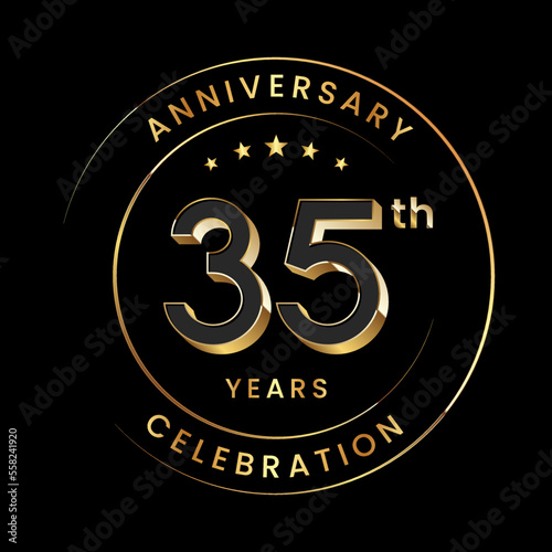 35th Anniversary. Anniversary logo design with gold color ring and text for anniversary celebration events. Logo Vector Template