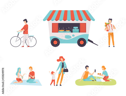 People performing summer leisure outdoor activities set. Men, women and kids walking in park, having picnic, buying food at street food truck cartoon vector illustration