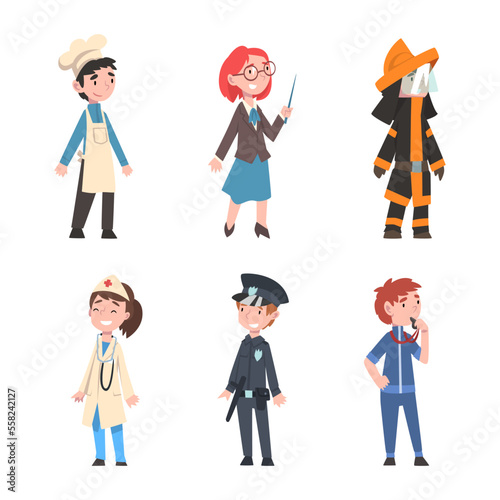 Set of people different professions. Chef, teacher, doctor, firefighter, policeman, coach cartoon vector illustration