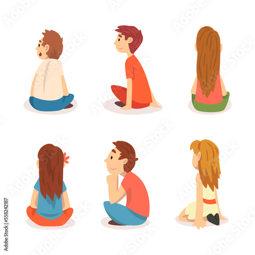 Cute kids sitting on floor and listening attentively set. Side and back view of sitting boys and girls cartoon vector illustration