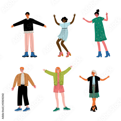 Young people standing with wide open arms set. Guys and girls in modern casual clothes spreading and raising their arms cartoon vector illustration