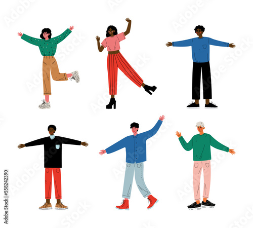 Young people standing with open arms set. Guys and girls spreading and raising their arms. Welcoming posture, solidarity, friendship cartoon vector illustration
