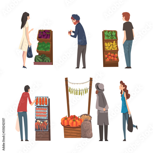 People buying eco products at street market stalls and wooden crates set. Outdoor local fair, farmers market cartoon vector illustration