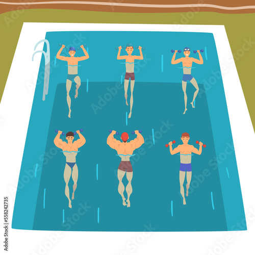 People doing aqua aerobics in swimming pool. Men exercising with dumbbells in water cartoon vector illustration