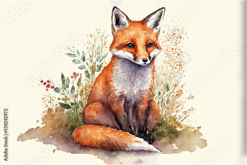 Baby fox sitting with plants, watercolor Generative AI