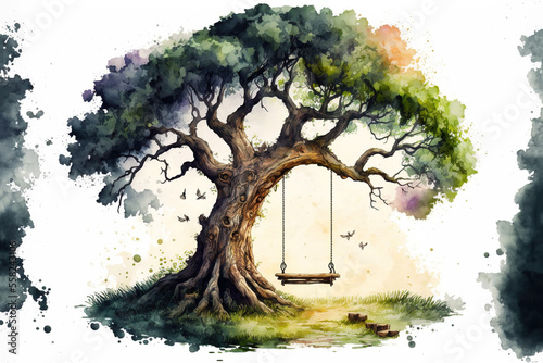 An old oak tree with a swing watercolor Generative AI