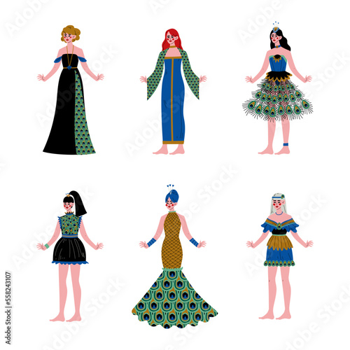 Beautiful young women wearing peacock dress set cartoon vector illustration