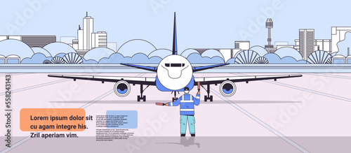 aviation marshaller supervisor near aircraft air traffic controller airline worker in signal vest professional airport staff