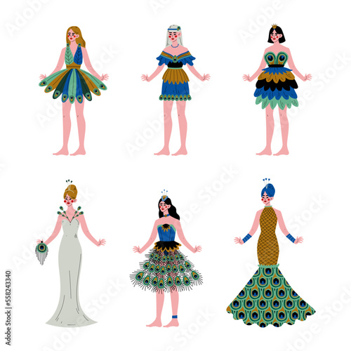 Set of beautiful young women wearing elegant peacock dress cartoon vector illustration