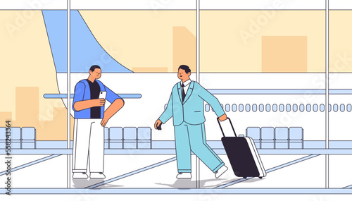 male passengers with baggage waiting for flight businesspeople standing with luggage traveling concept