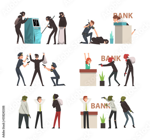Masked robbers robbing bank set. Policemen in uniform, arresting bank robbers cartoon vector illustration