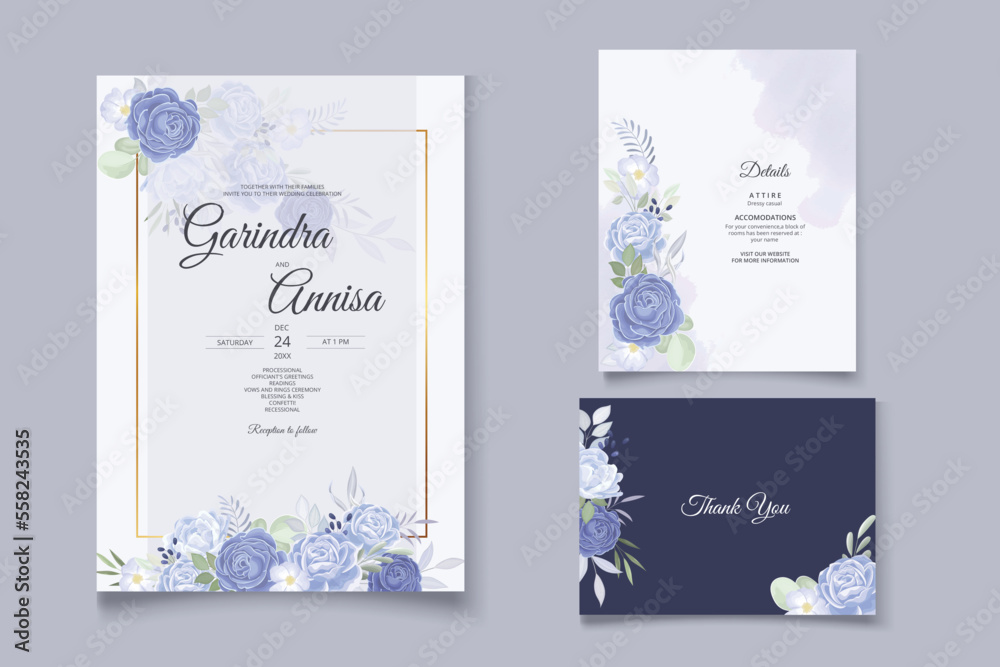  Elegant wedding invitation card with beautiful navy blue  floral and leaves template Premium Vector