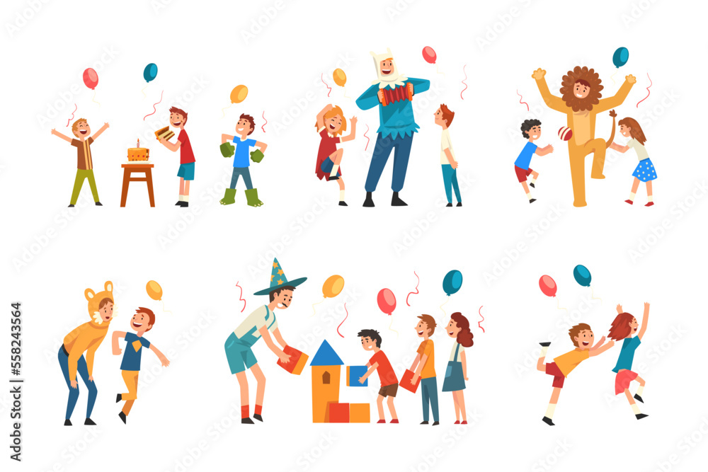 Actors in funny costumes entertaining happy kids at birthday party set cartoon vector illustration