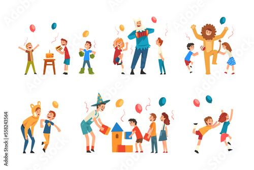 Actors in funny costumes entertaining happy kids at birthday party set cartoon vector illustration