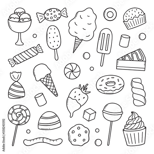 Sweets and candies doodle set. Desserts in sketch style.  Hand drawn vector illustration isolated on white background