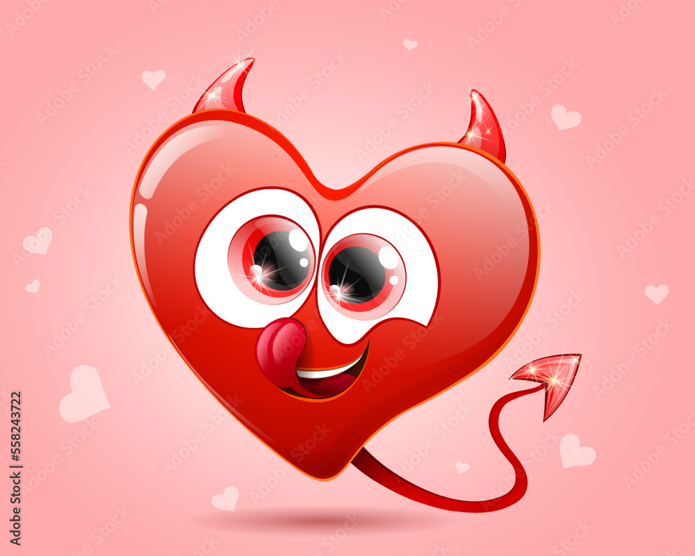 Funny heart devil cartoon character with horns, tail, smiling and licking lips. Valentine's day concept